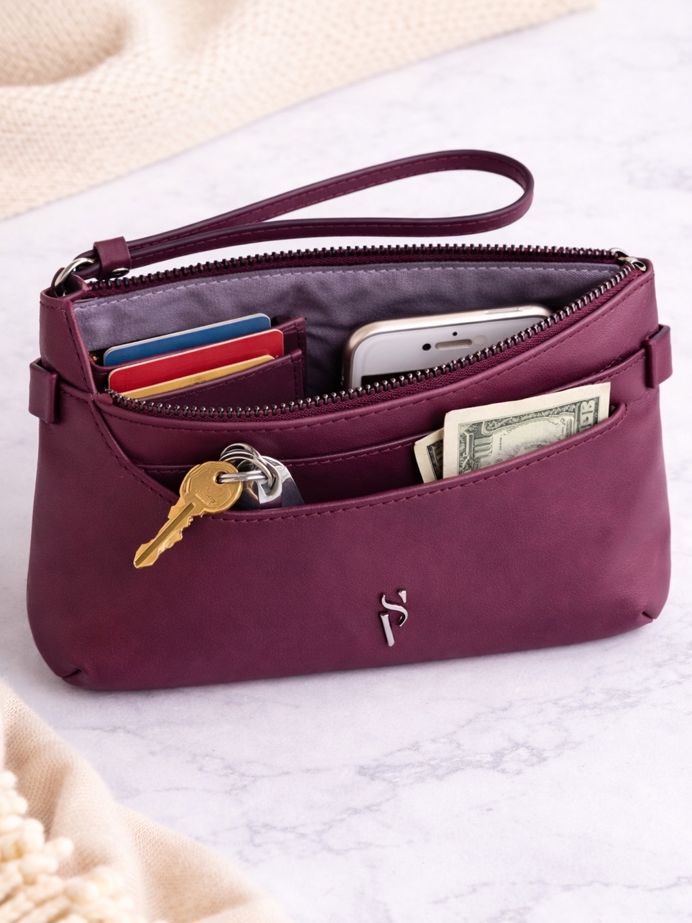 Simply Vera Vera Wang Burgundy Wristlet Wallet Clutch Zip Pouch - Picture 3 of 4